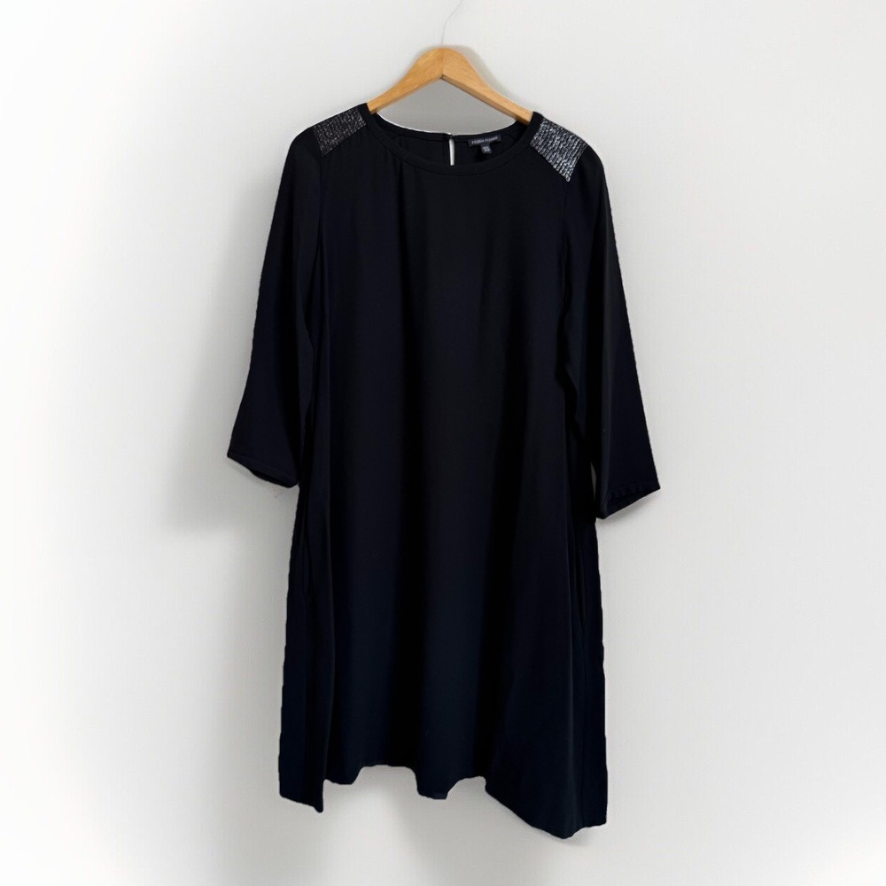 Eileen Fisher 100% Silk Black A-Line Sequined- Shoulder Dress Size Medium